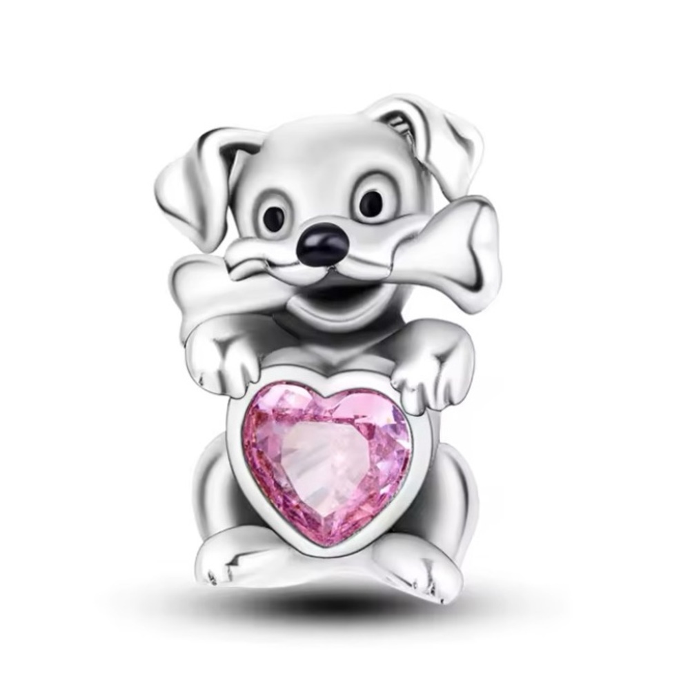 Pandora 925 Sterling Silver Dog with a Bone Charm and Pink Heart